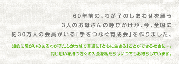 60年前の、わが子のしあわせを願う3人のお母さんの呼びかけが、
今、全国に約30万人の会員がいる「手をつなぐ育成会」を作りました。